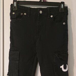 True Religion Cargo Jeans Kids 7 Black Denim Logo Pants Adjustable Waist
